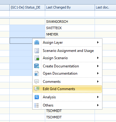 Edit Grid Comments entry in the context menu