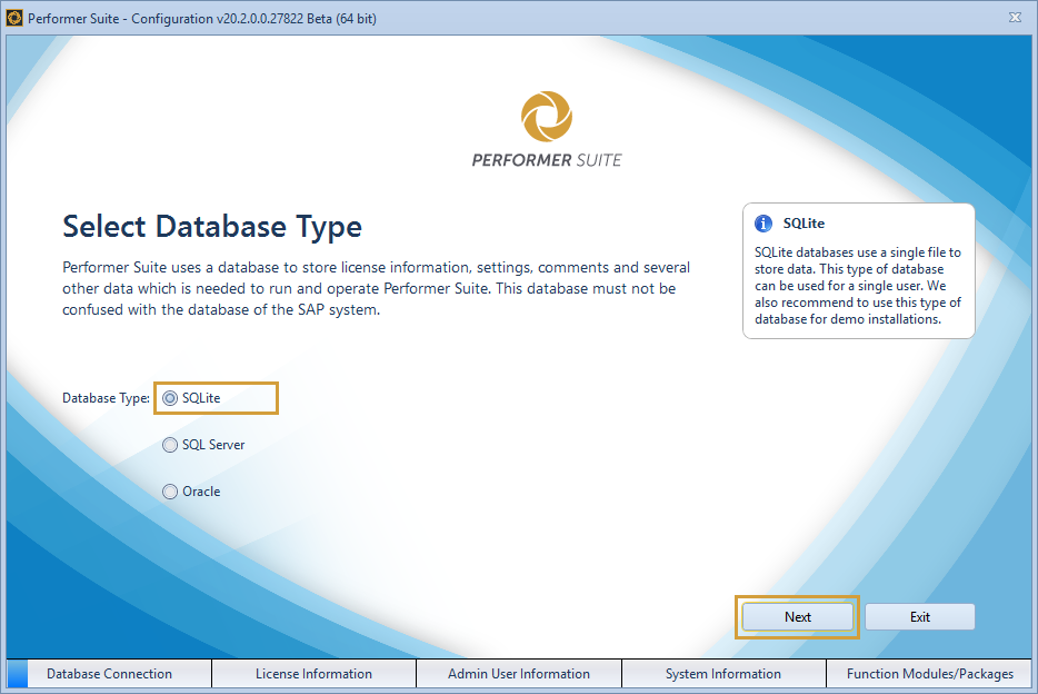 SQLite selected in the Performer Suite Configuration