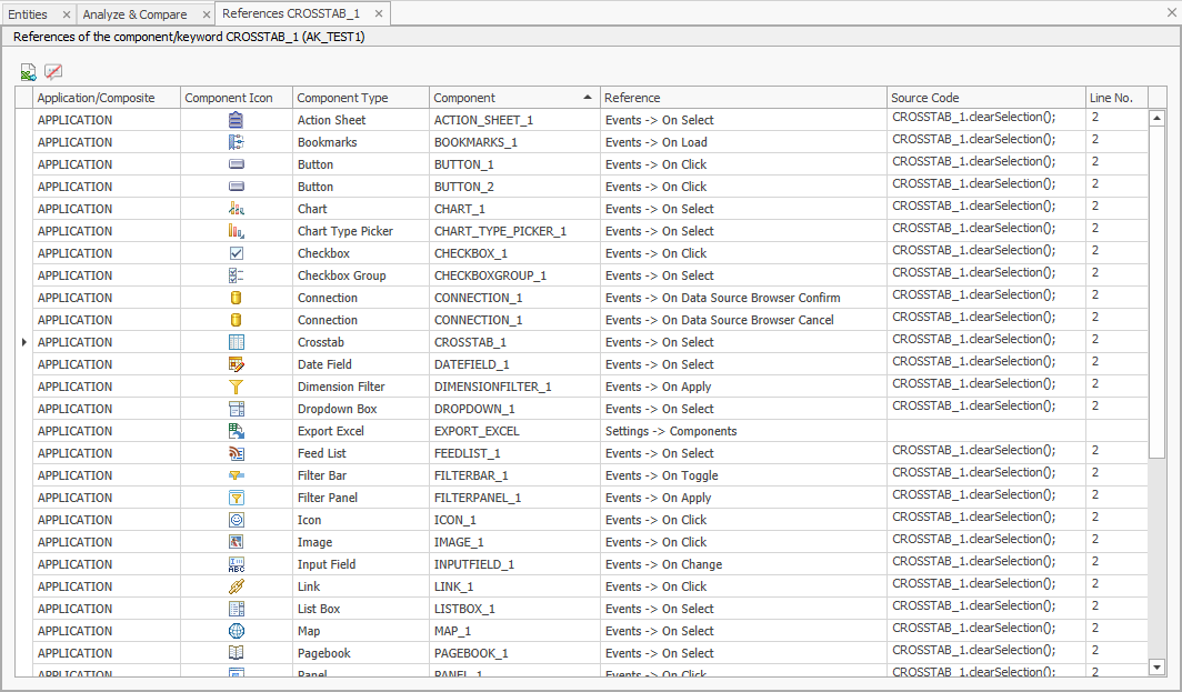 Results listing all references to the selected element