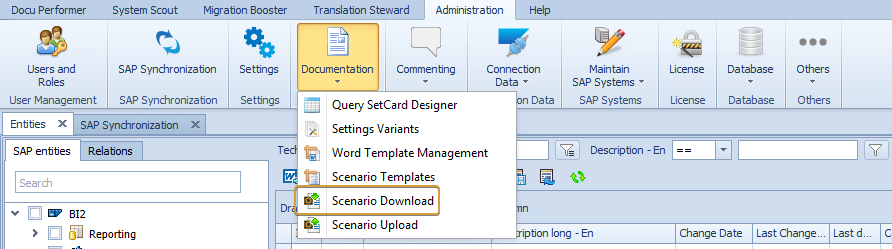 Scenario Download in the Documentation Dropdown of the Administration Ribbon