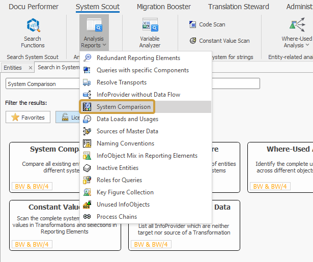 System comparison in the Analysis Reports dropdown of the System Scout ribbon