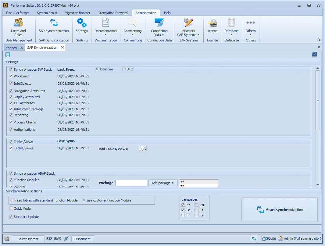 SAP BW synchronization area with customer Function module and Standard update selected