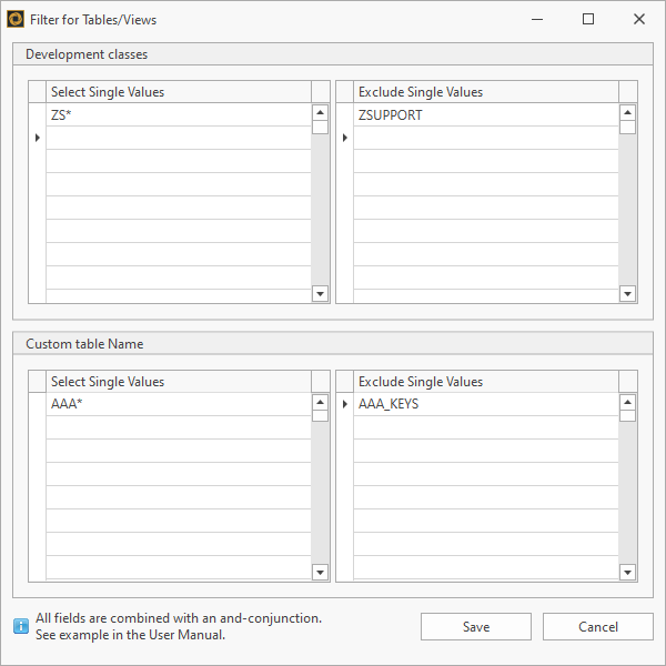 Filter for tables and views divided into Development classes and custom table names