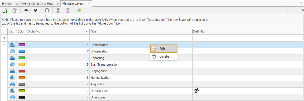 Context menu of a layer in the Maintain Layers tab to edit or delete a layer