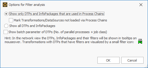 Dialog window with the options for the analysis