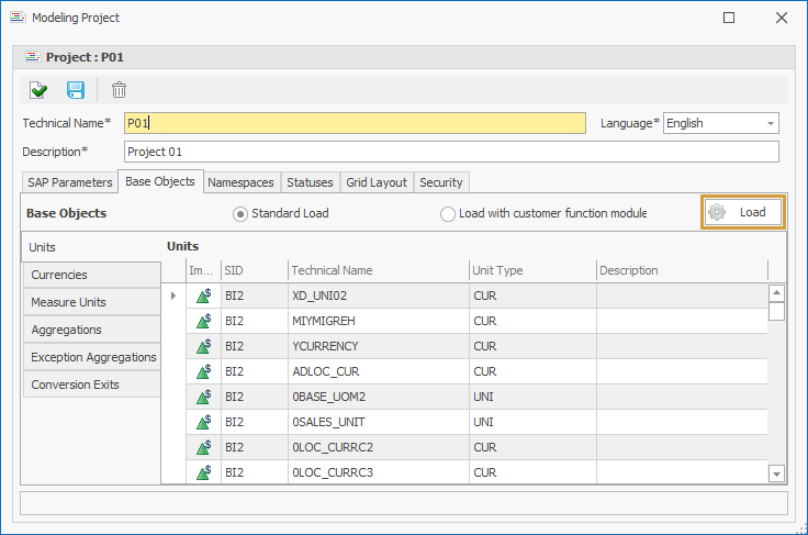 Load button and loaded objects in the Base Objects tab of the Project Creation Window