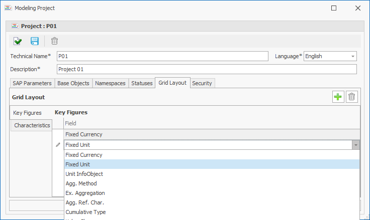 Grid Field selection for Key Figures in the Grid Layout tab with Fixed Currency and Fixed Unit selected
