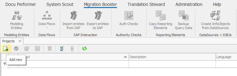 Add new Project button in the toolbar of the Migration Booster Projects tab