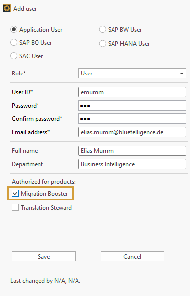 User authorized for Migration Booster in the User settings