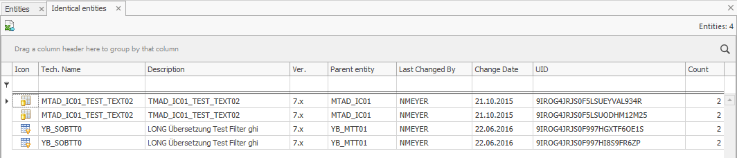 Analysis results showing two Queries and two Filters with the same technical name