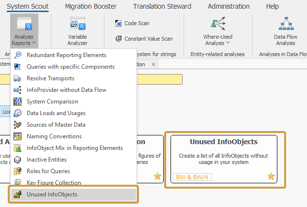 Unused InfoObjects in the analysis Reports dropdown of the System scout ribbon