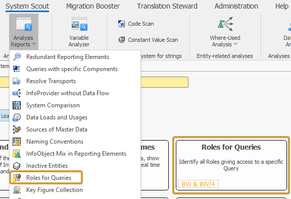 Roles for Queries in the analysis Reports dropdown of the System Scout ribbon