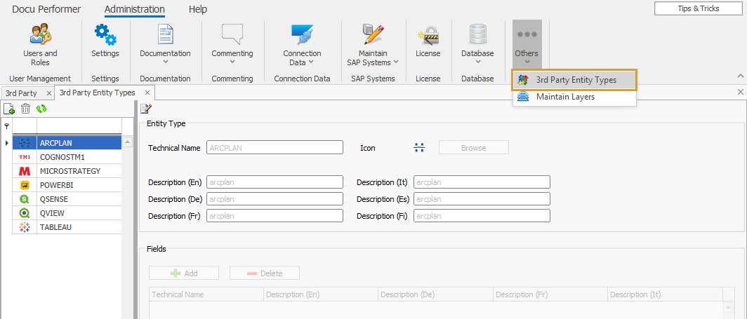 3rd party entity types area in the Others dropdown of the Administration ribbon