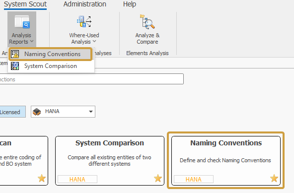 Naming Conventions in the Analysis Reports dropdown and the search of the System Scout