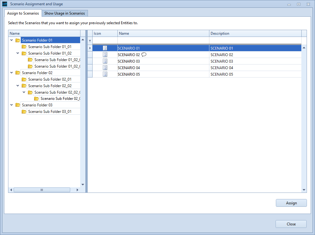 Scenario Assignment and Usage window with Scenario folder and scenario selection