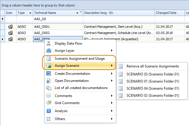 Scenario Assignment and Usage, and Scenario Quick Assignment in the context menu of an object