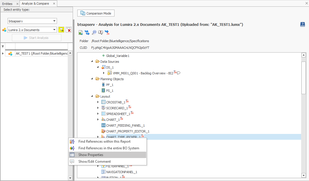 Show Properties entry in the context menu of an element in the Lumira buildup