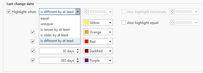 selection of equal, unequal, newer, older or different by at least a specific time period