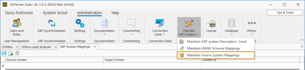 Source System Mappings in the SAP Systems dropdown of the Administration ribbon