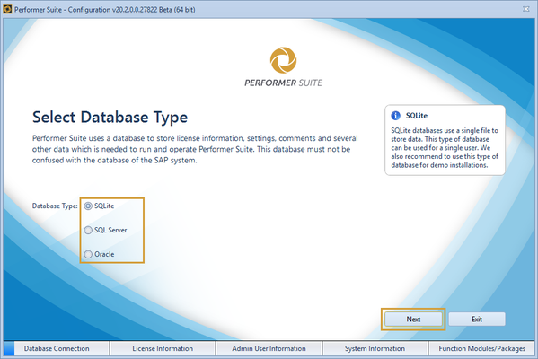 database Selection with the options SQlite, SQL Server and Oracle