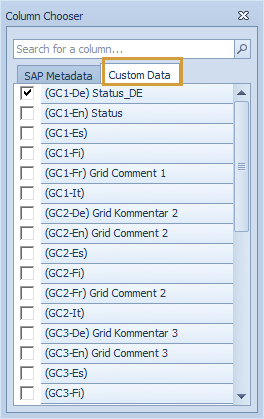 Grid Comments in the Custom Data tab of the Column Chooser