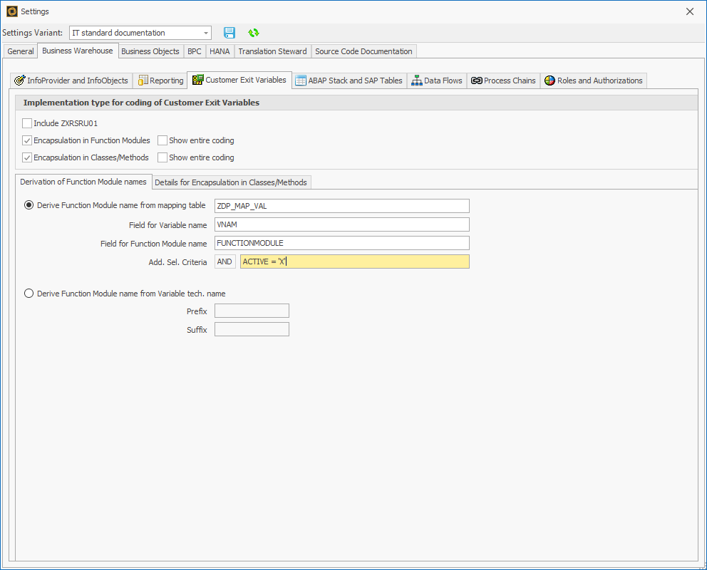 Derivation of Function Module names in the Customer exit variable tab of the BW Settings