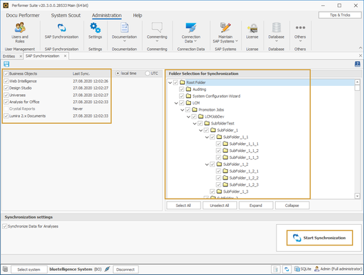 BO Synchronization area with areas to select object types folders for the synchronization