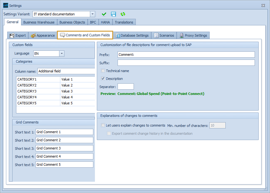 Comments and Custom Fields tab in the General Settings