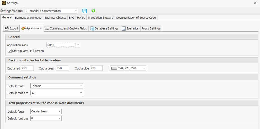 Appearance settings in the general tab of the settings