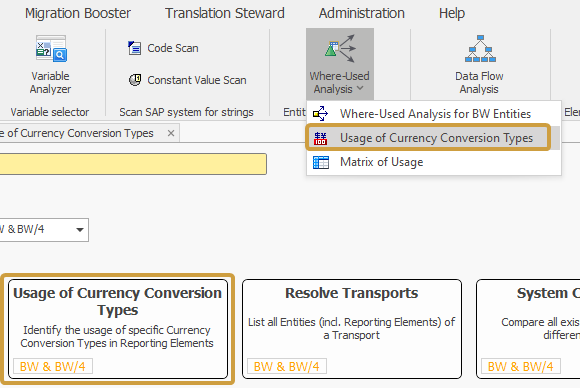 Usage of Currency Conversion Types in the Where-used dropdown of the System Scout ribbon