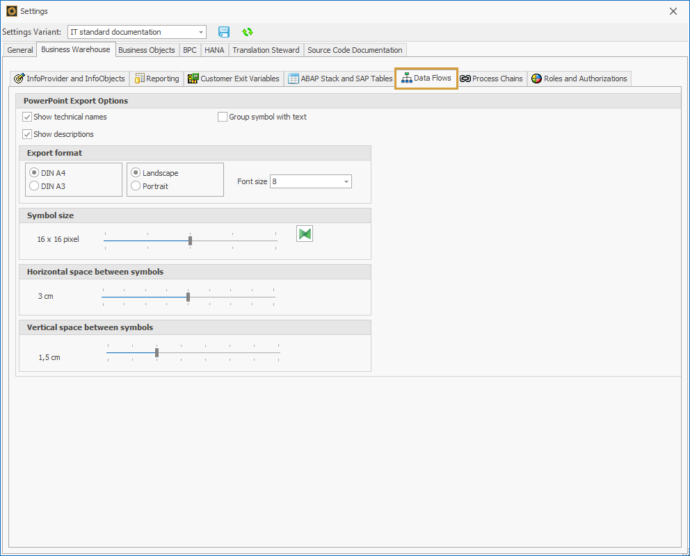 Data Flow Settings in the Business Warehouse tab of the settings