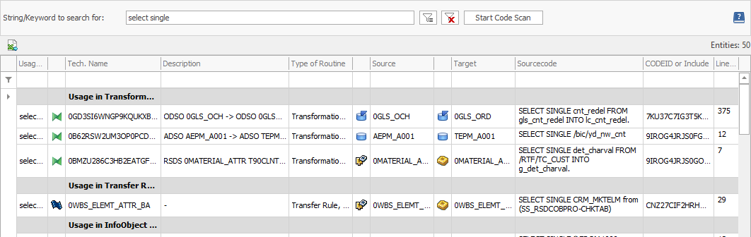 Results for select single in Transformations, Transfer Rules and InfoObjetcs