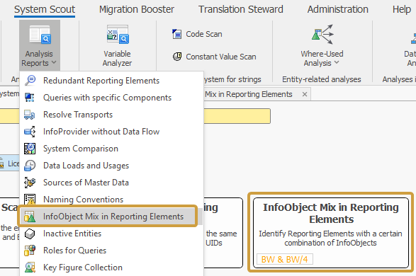 InfoObject Mix in Reporting Elements in Analysis Reports dropdown of System Scout ribbon