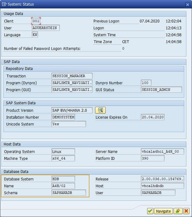 System Status window with the Database Data including the HANA Schema