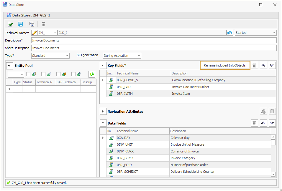 Rename included InfoObjects button in the editing window of a DSO