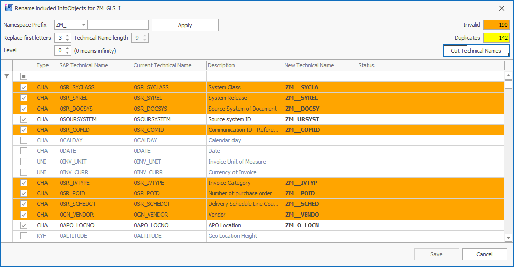 Saving option deactivated because there are still invalid and duplicate technical names
