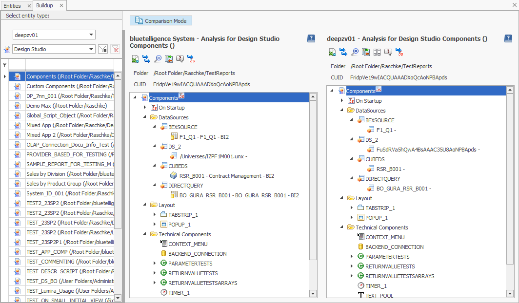 Comparison of the buildup of two Design Studio reports