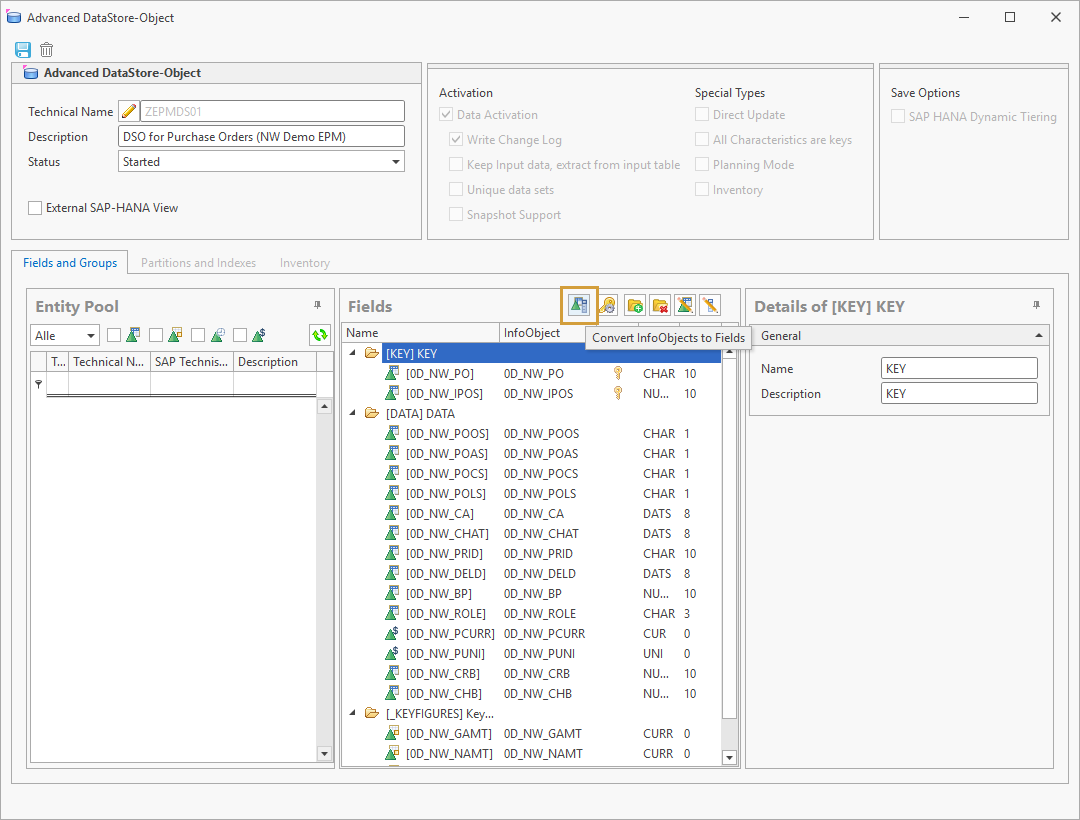 Convert InfoObjects into fields button in the Editing window of an ADSO