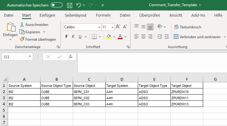 Excel Structure with columns for Source System, source object type and source object, and the same for the target
