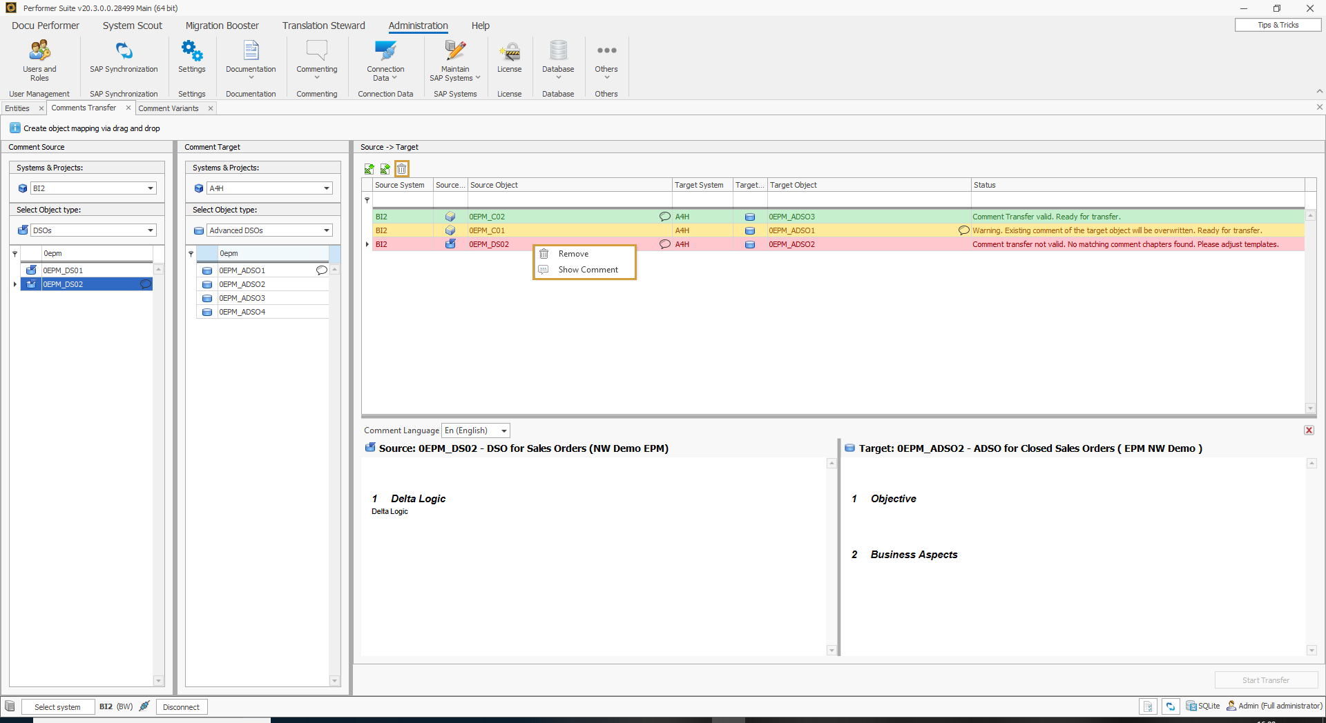 Context menu of a mapping with the remove option