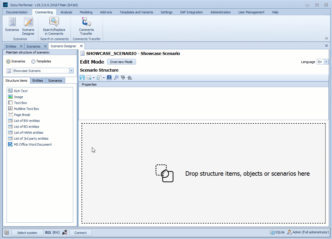 Drag and drop of a structure item into the structure and naming it