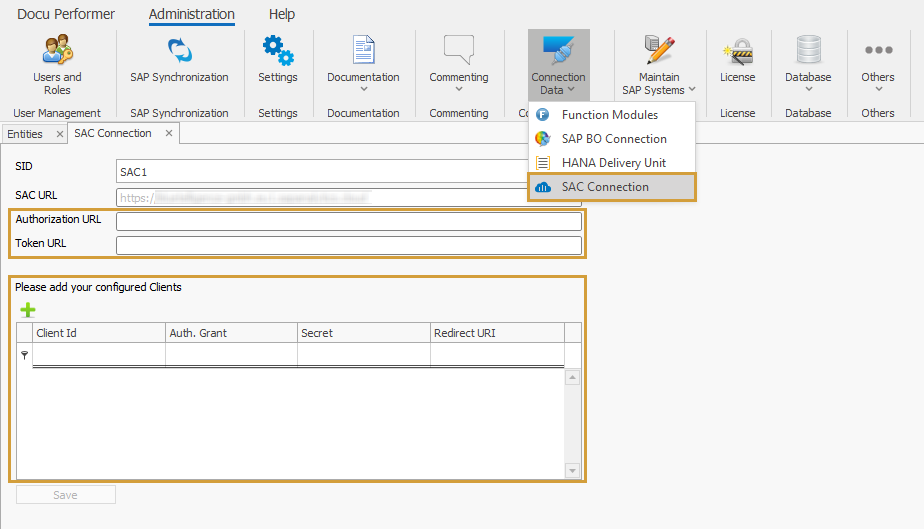 SAC Connection in the Connection Data dropdown of the Administration Ribbon