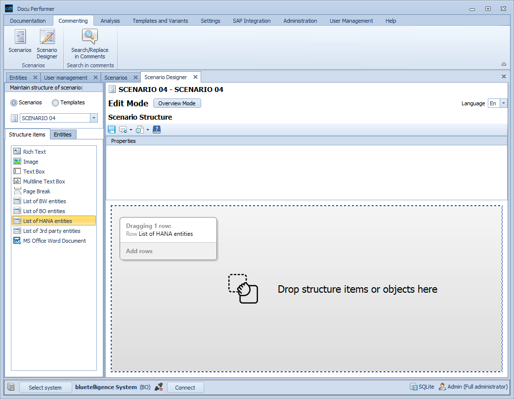 Drag and drop of a structure element into the scenario structure