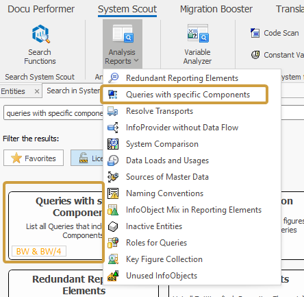 Queries with specific components in the Analysis Reports dropdown of the System Scout ribbon