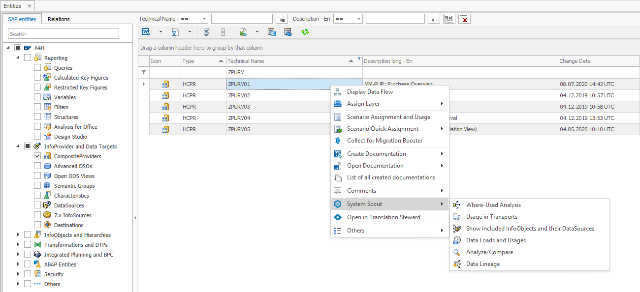 System Scout functions in the Context Menu of an HCPR