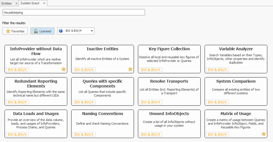 Search for the keyword housekeeping and system Scout functions as results