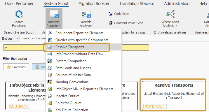 Resolve transports in the Analysis Reports dropdown of the System Scout ribbon