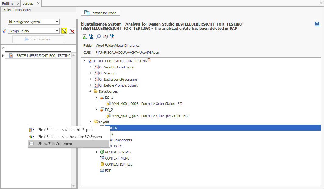 Show comment entry in the context menu of a component in the buildup of a Design Studio report