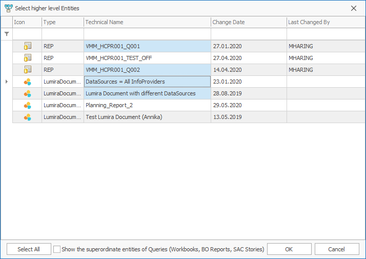 Selection of reports in a dialog window