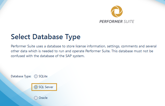 Performer Suite Database Selection with SQL Server marked